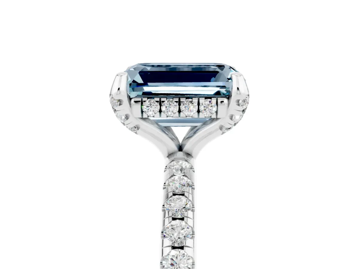 Emerald Cut Aquamarine Hidden Halo Engagement Ring with Round Pavé Band and Prong Setting Silver