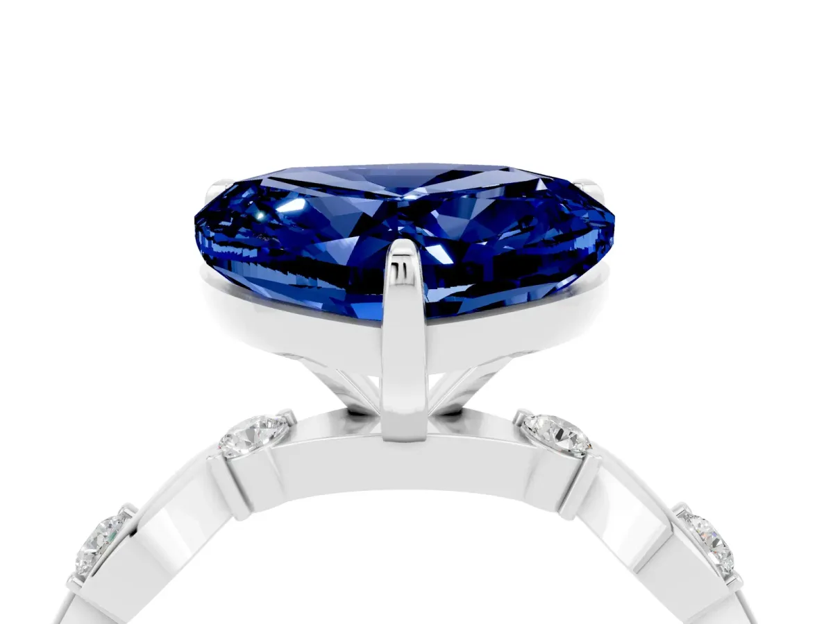 Heart Cut Blue Sapphire Solitaire Twisted Band with Round Accents and Prong Setting White gold