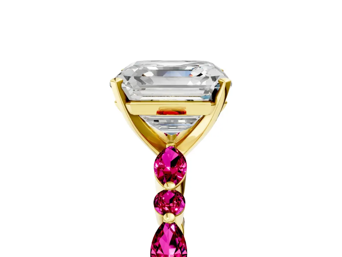 Asscher Cut Diamond Ring with Marquise and Round Garnet Side Stones and Four-Prong Setting Yellow gold