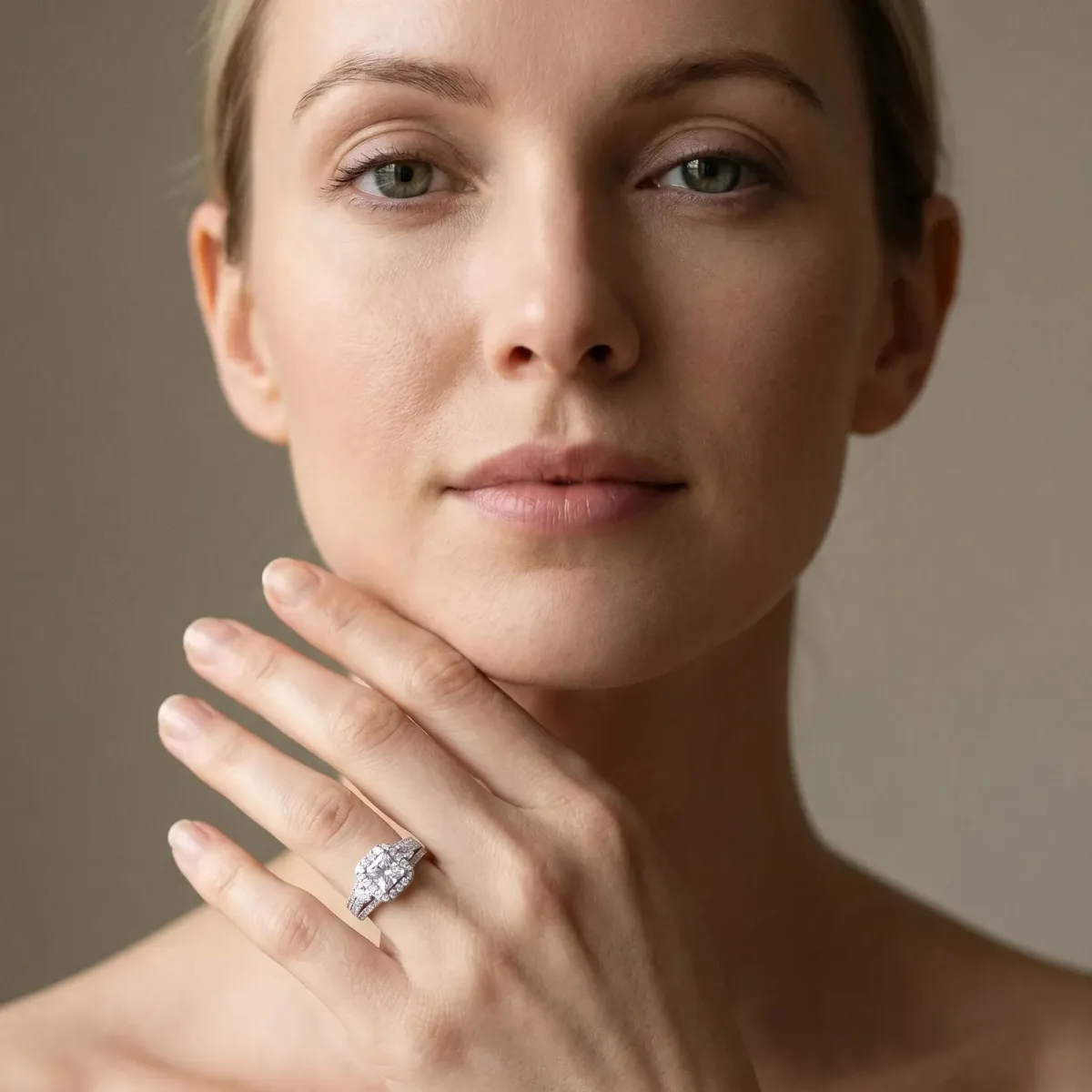 Halo Princess Cut Cut Split Shank Diamond Ring with Four-Prong Setting Silver