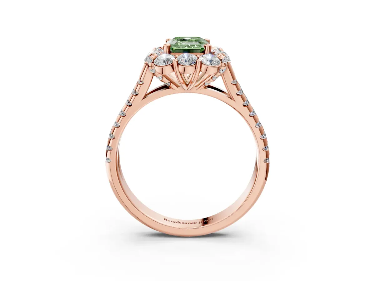 Fancy Green Emerald Cut Halo Split Shank Diamond Engagement Ring with Pave Band and Four-Prong Setting Rose gold