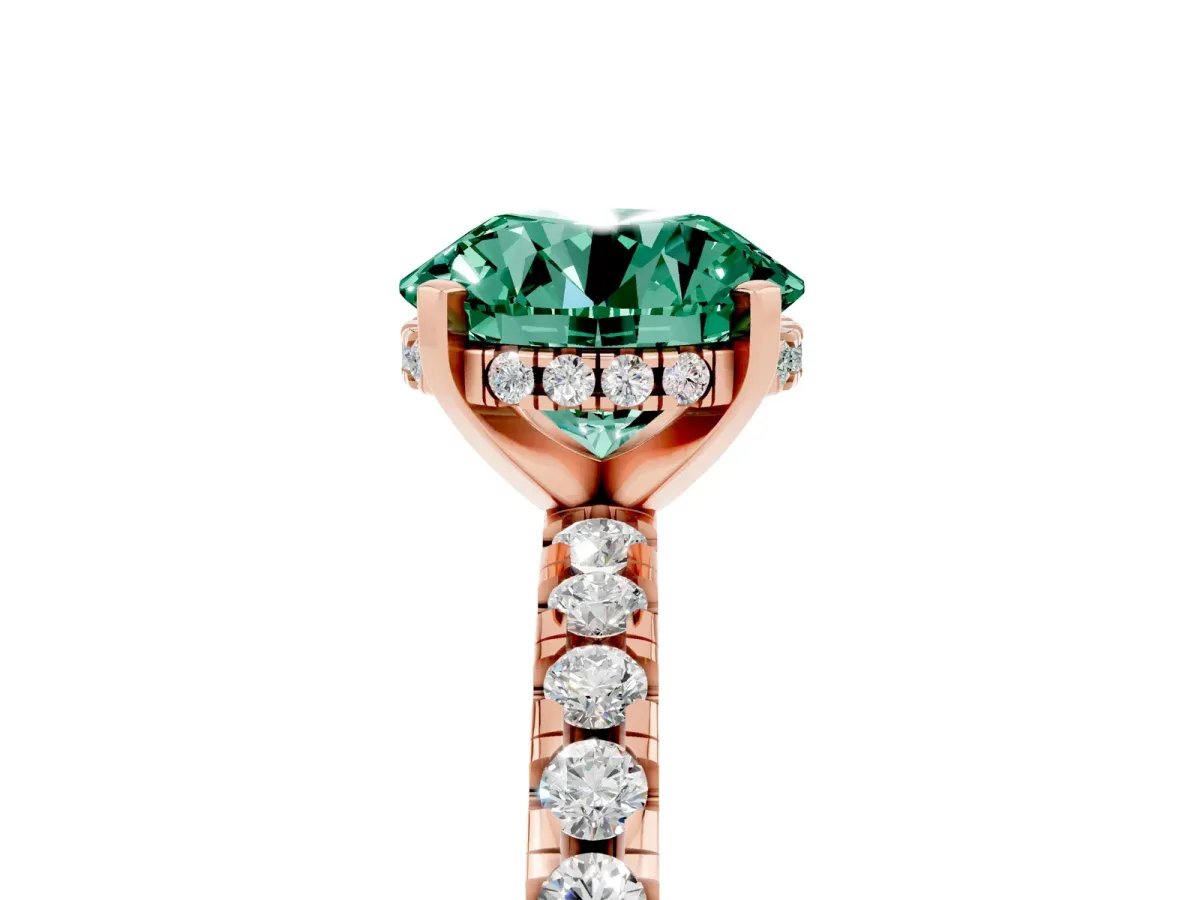 Round Cut Green Sapphire Solitaire Ring with Round Pavé Band and Four-Prong Setting Rose gold