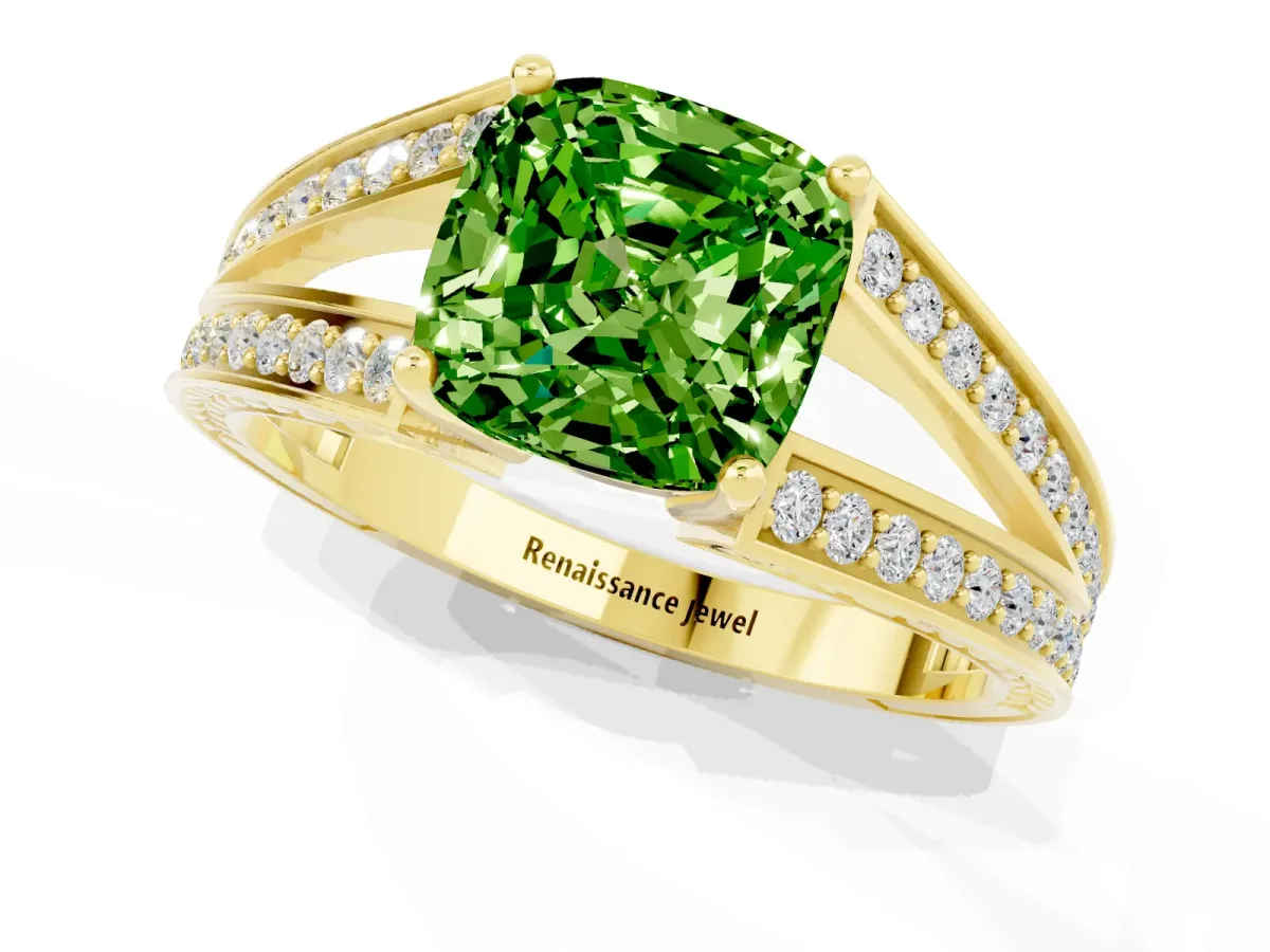 Cushion Cut Peridot Split Shank Ring with Pavé Band and Four-Prong Setting Yellow gold