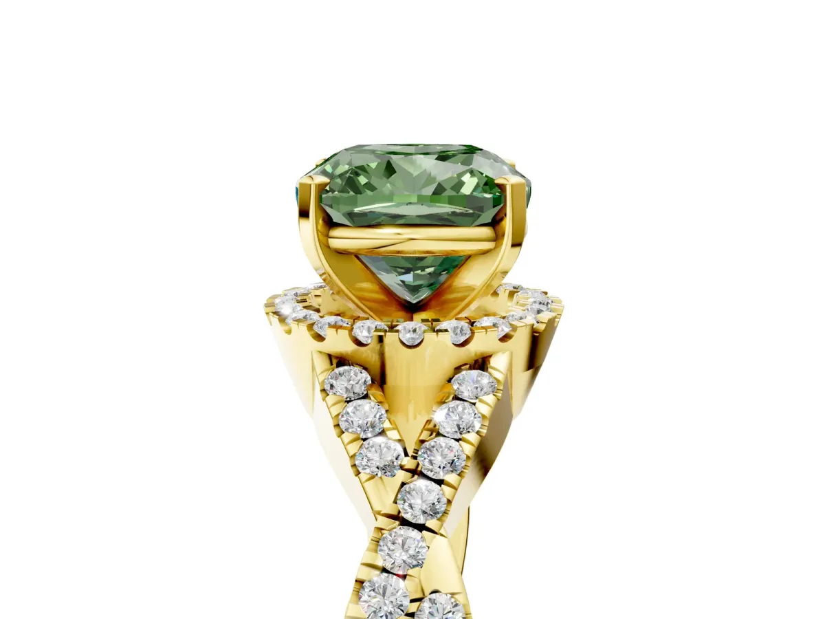 Fancy Green Cushion Cut Diamond Halo Twist Band Solitaire Prong Setting Ring Yellow gold