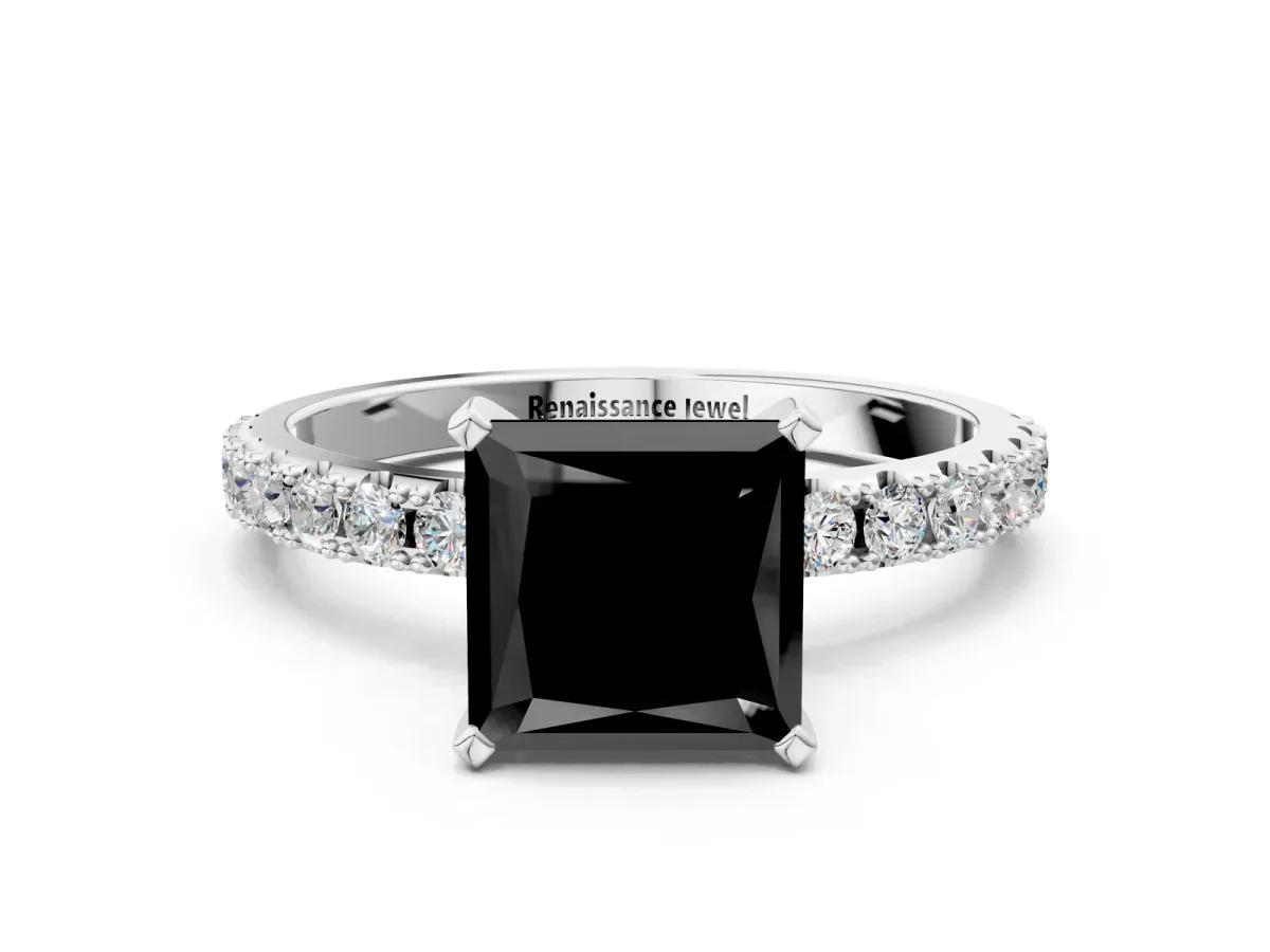 Fancy Black Princess Cut Diamond Solitaire Pavé Band with Four-Prong Setting Platinum