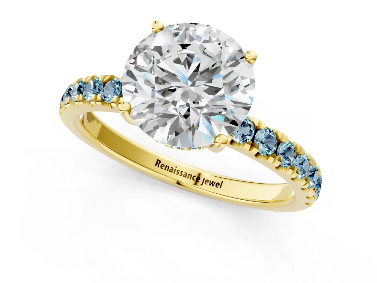 Round Cut Diamond Pave Band Solitaire Ring with Round Aquamarine and Prong Setting Yellow gold