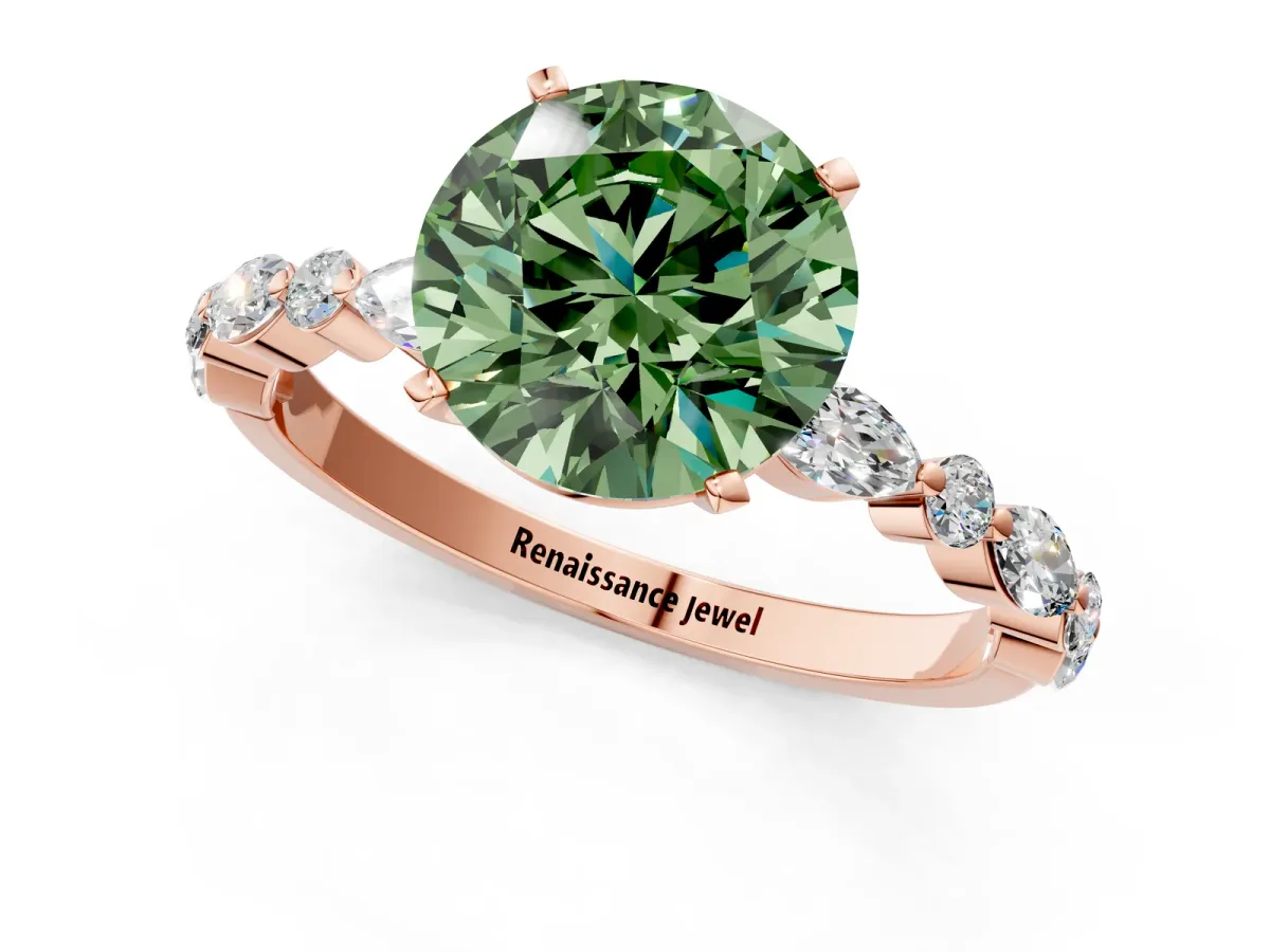 Fancy Green Round Cut Diamond Ring with Marquise and Round Side Stones and Four-Prong Setting Rose gold