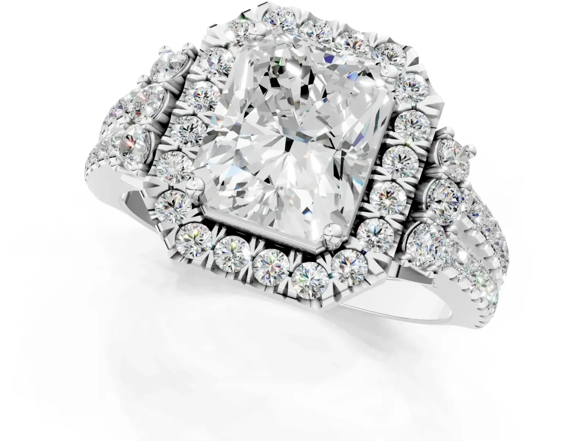 Radiant Cut Cut Double Halo Diamond Engagement Ring with Pave Band and Four-Prong Setting Platinum