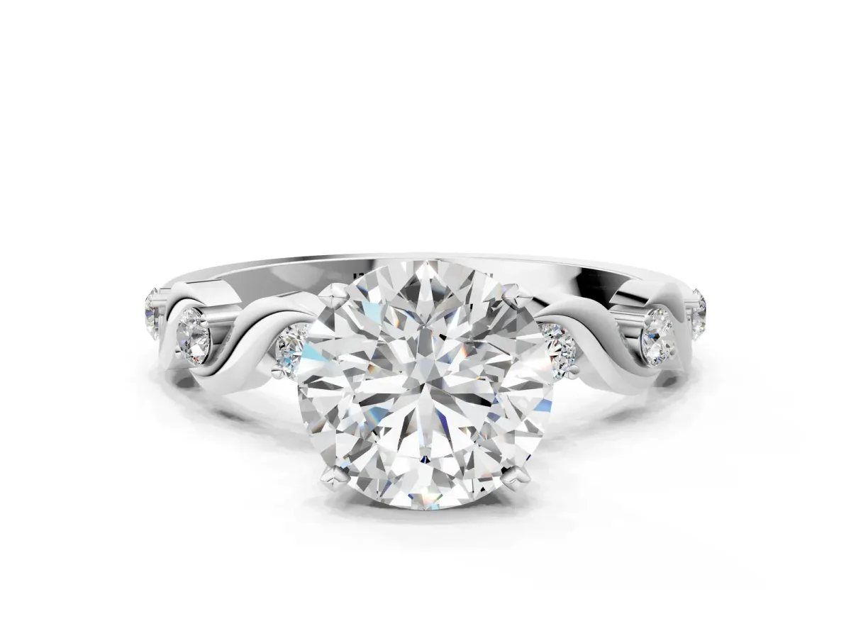 Round Cut Diamond Solitaire Twisted Band with Round Accents and Prong Setting Silver