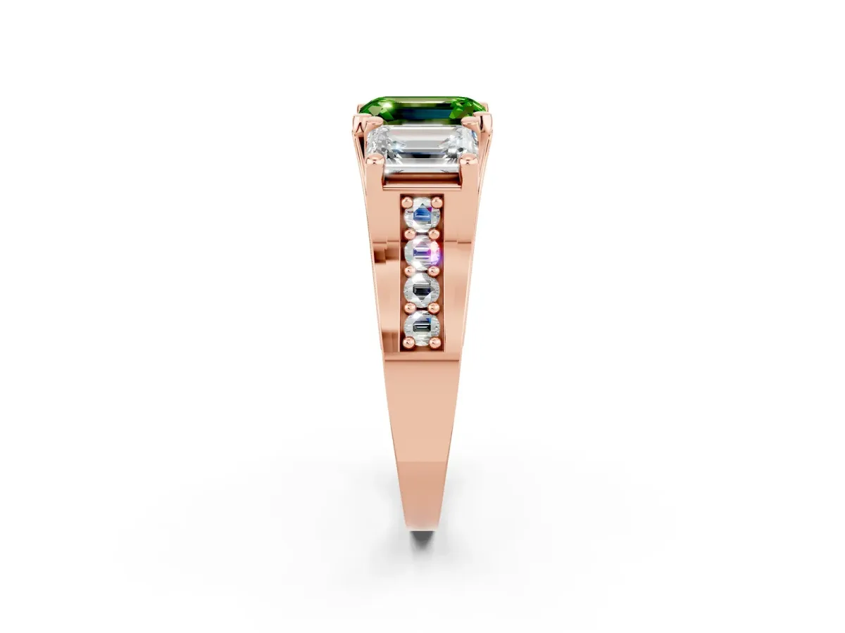 Emerald Cut Peridot Three-Stone Ring with Channel Set Band and Four-Prong Setting Rose gold