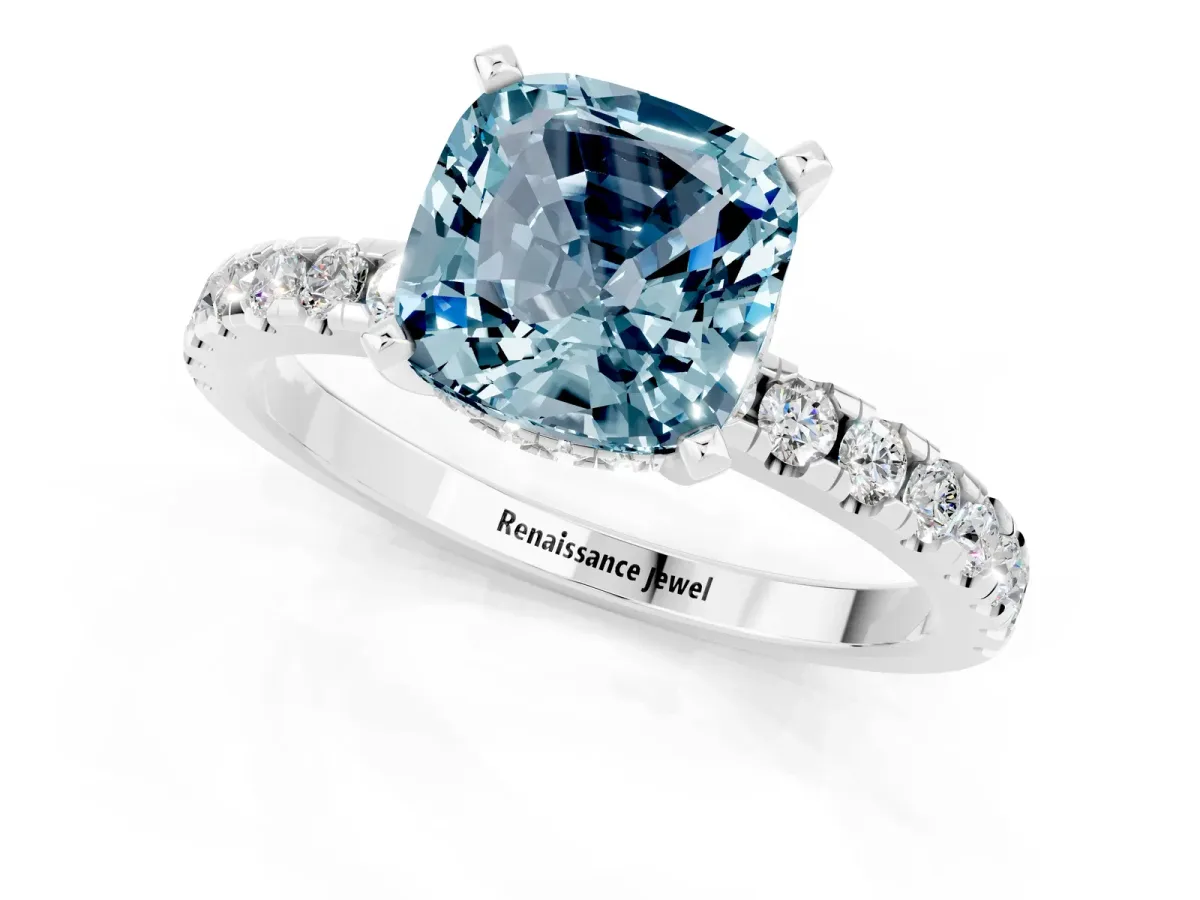 Cushion Cut Aquamarine Solitaire Ring with Round Pavé Band and Four-Prong Setting White gold