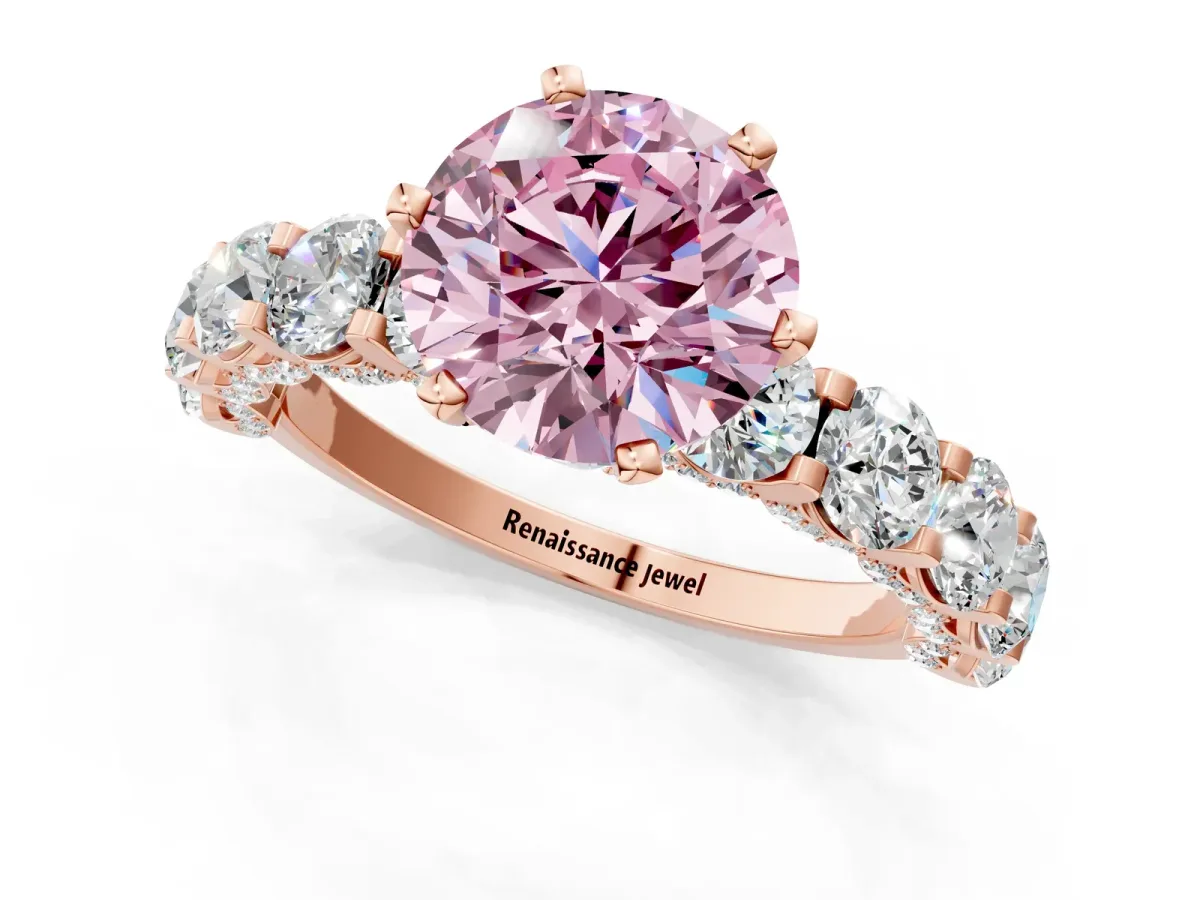 Fancy Pink Round Cut Diamond Side Stone Engagement Ring with Four-Prong Setting Rose gold