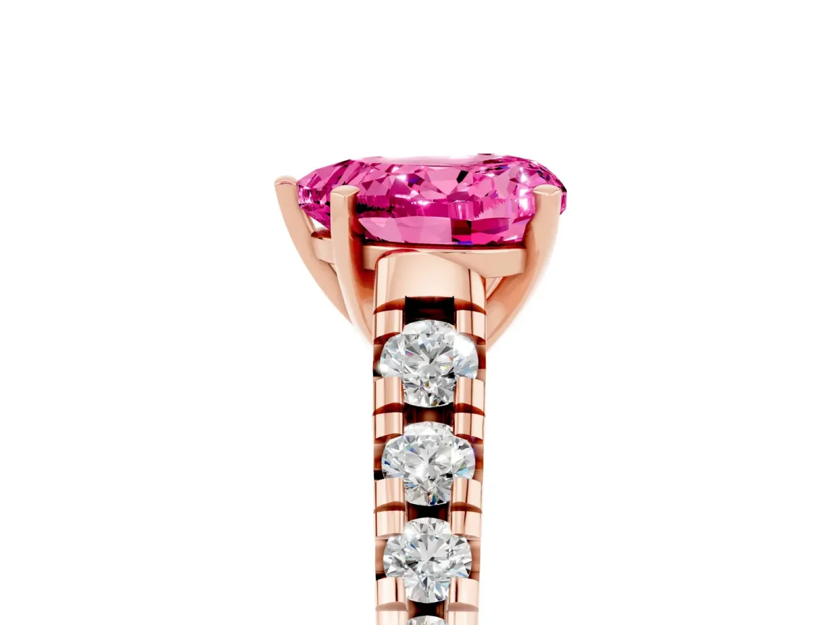 Heart Cut Pink Sapphire Cathedral Solitaire Ring with Round Pavé Band Rose gold