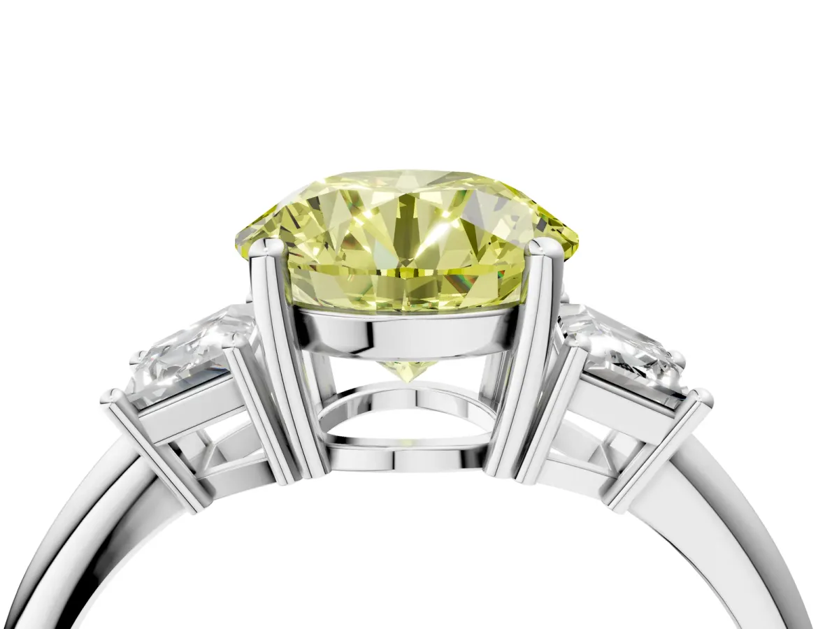 Fancy Yellow Round Cut Diamond Three-Stone Ring with Trapezoid Side Stones and Prong Setting White gold