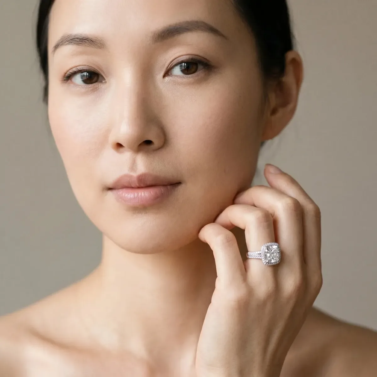 Cushion Cut Diamond Double Halo Ring with Split Shank and Four-Prong Setting Silver