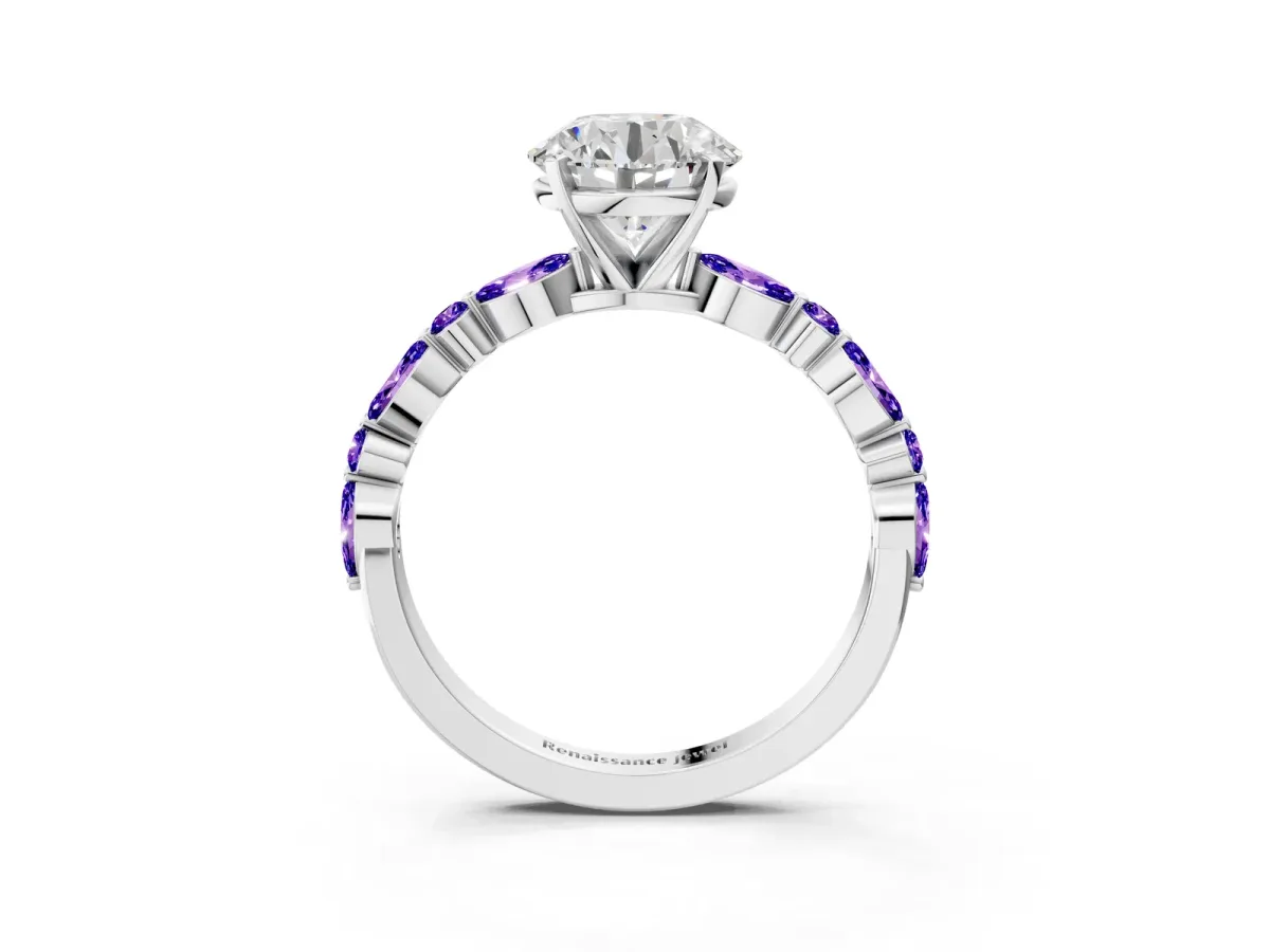 Round Cut Diamond Ring with Marquise and Round Tanzanite Side Stones and Four-Prong Setting White gold