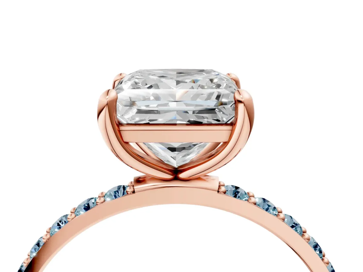 Princess Cut Diamond Solitaire Ring with Round Aquamarine Pavé Band and Prong Setting Rose gold