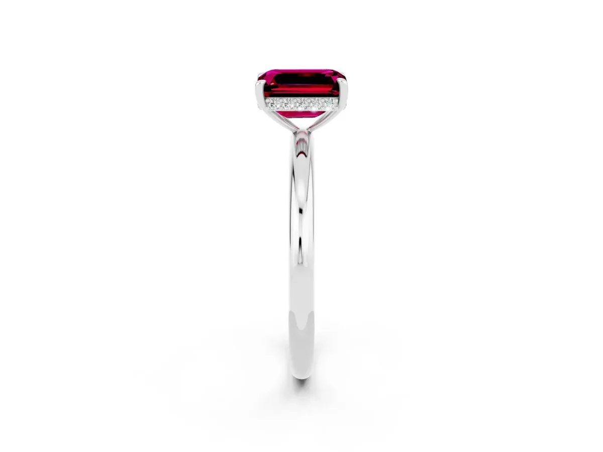 Emerald Cut Garnet Solitaire Ring with Thin Band and Four-Prong Setting White gold