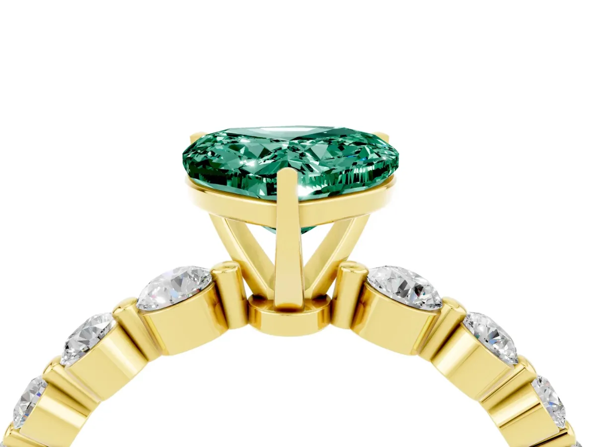 Heart Cut Solitaire Green Sapphire Ring with Pave Band and Four-Prong Setting Yellow gold