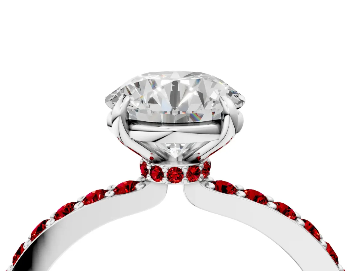 Round Cut Diamond Pavé Engagement Ring with Round Ruby Accents and Prong Setting Silver