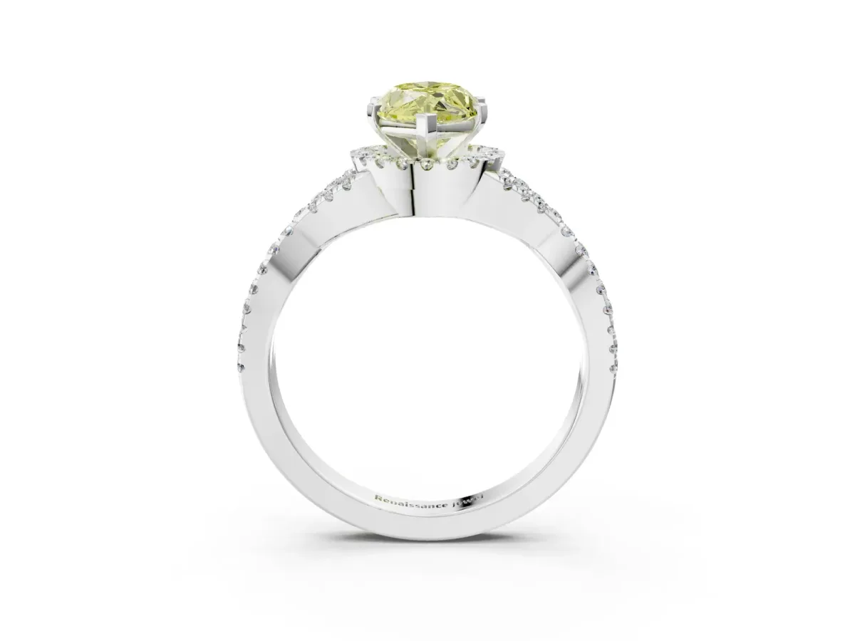 Fancy Yellow Marquise Cut Diamond Halo Twist Band Solitaire Prong Setting Ring White gold