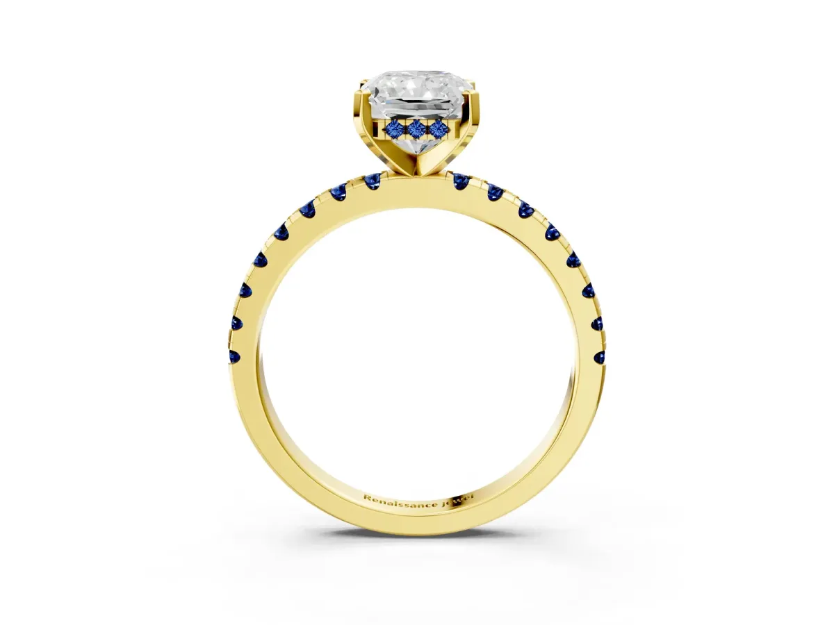 Radiant Cut Diamond Solitaire Ring with Round Blue Sapphire Pavé Band and Four-Prong Setting Yellow gold