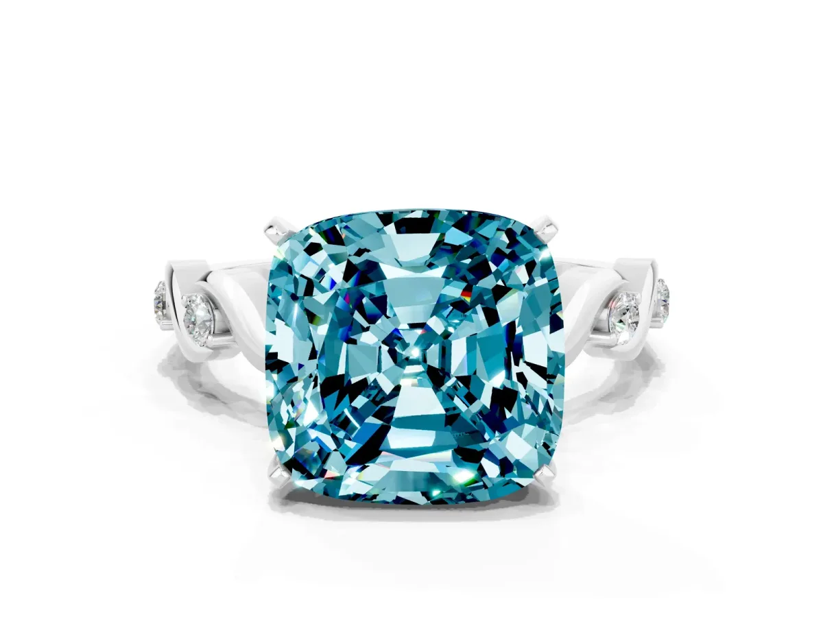 Cushion Cut Blue Topaz Solitaire Twisted Band with Round Accents and Prong Setting White gold