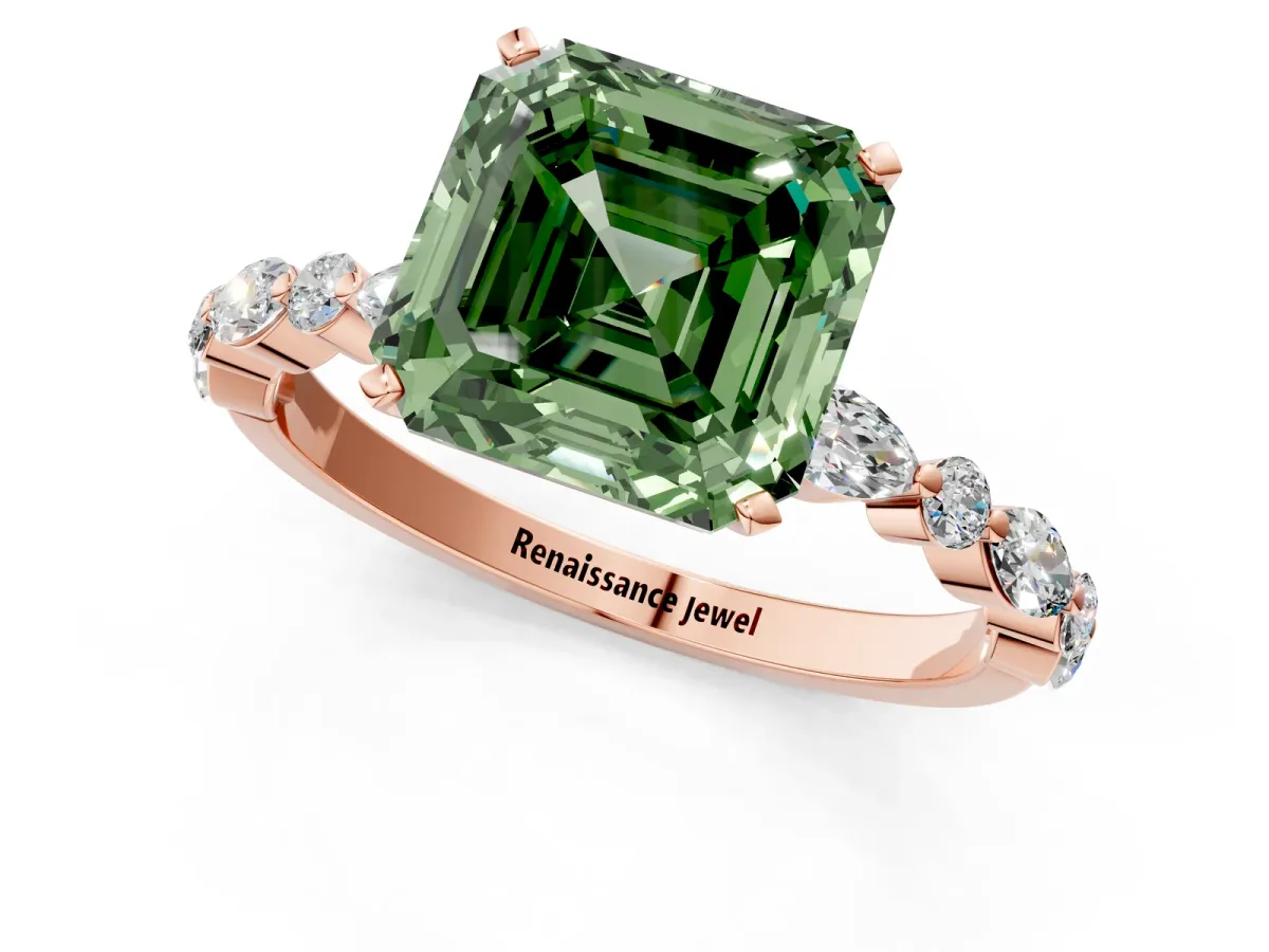 Fancy Green Asscher Cut Diamond Ring with Marquise and Round Side Stones and Four-Prong Setting Rose gold