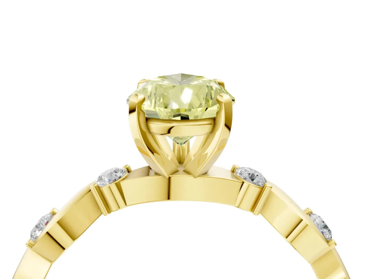 Fancy Yellow Pear Cut Diamond Solitaire Twisted Band with Round Accents and Prong Setting Yellow gold