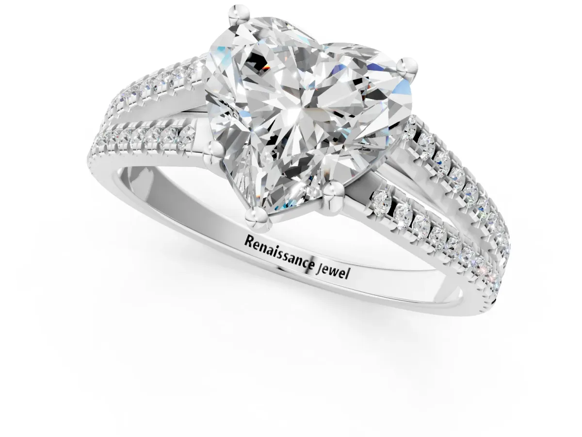 Heart Cut Diamond Solitaire Engagement Ring with Split Shank Pavé Band White gold