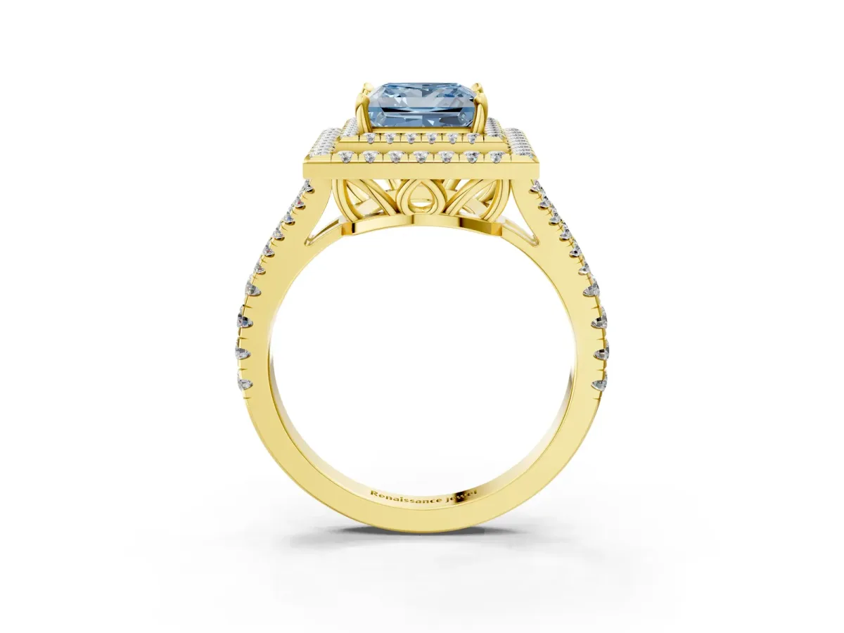 Fancy Blue Princess Cut Diamond Double Halo Ring with Pavé Band and Prong Setting Yellow gold
