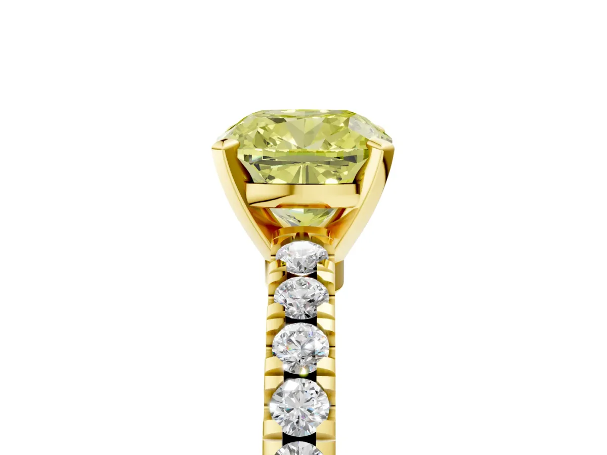 Fancy Yellow Cushion Cut Solitaire Diamond with Pavé Band and Four-Prong Setting Yellow gold