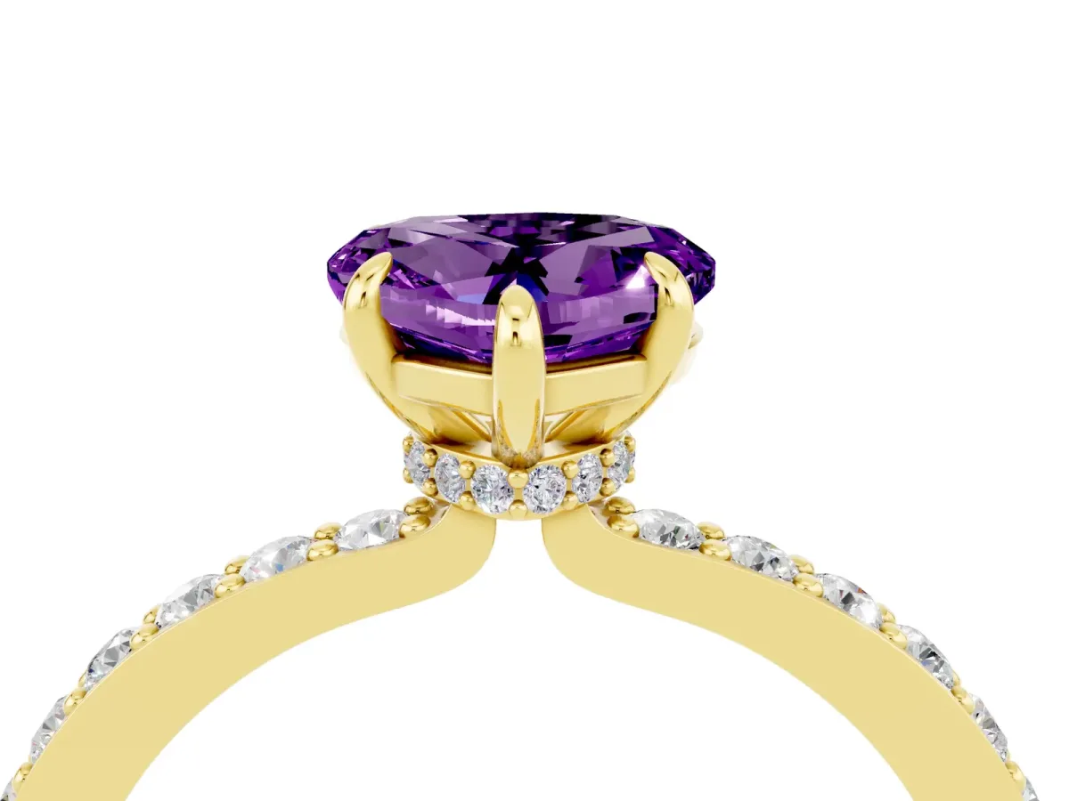 Heart Cut Amethyst Solitaire Engagement Ring with Pavé Band and Four-Prong Setting Yellow gold