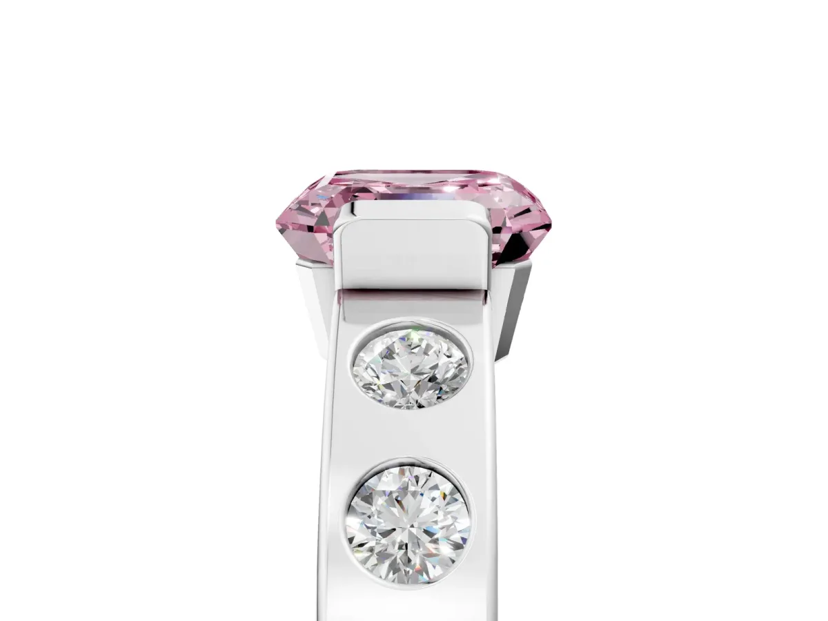 Fancy Pink Asscher Cut Brilliant Channel-Set Diamond Ring with Bezel Prong Setting Platinum