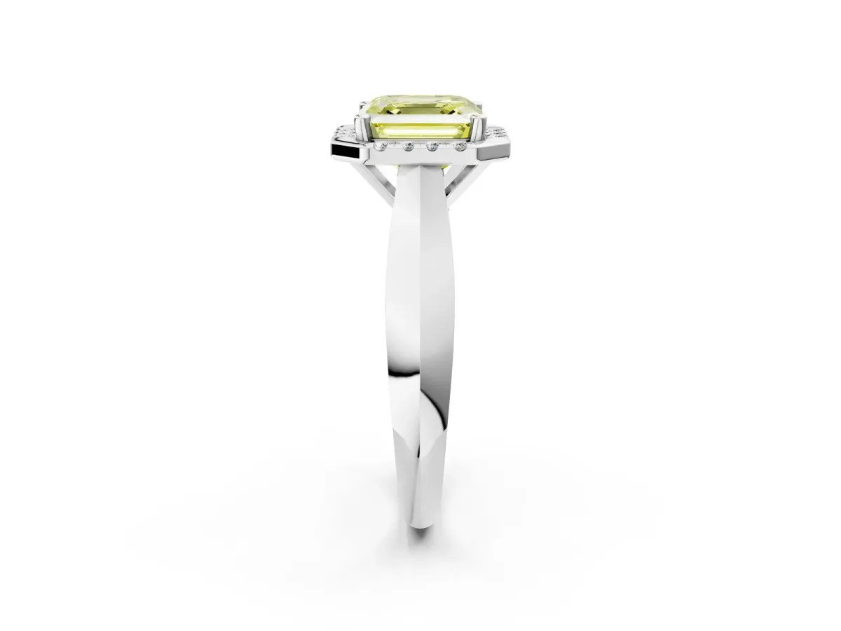 Fancy Yellow Asscher Cut Cut Halo Solitaire Engagement Ring with Square Band and Four-Prong Setting White gold