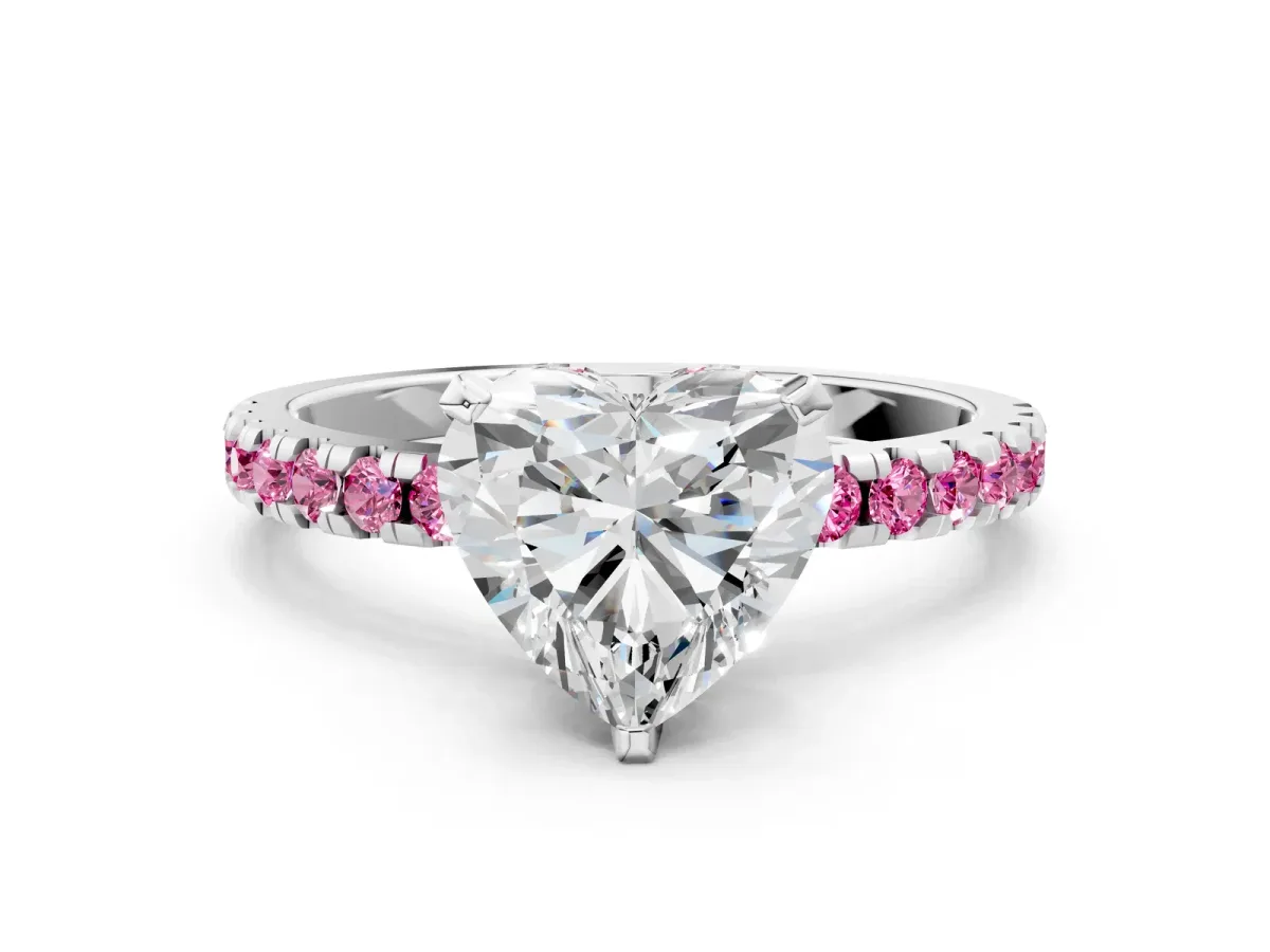 Heart Cut Diamond Solitaire Ring with Round Pink Sapphire Pavé Band and Four-Prong Setting Platinum