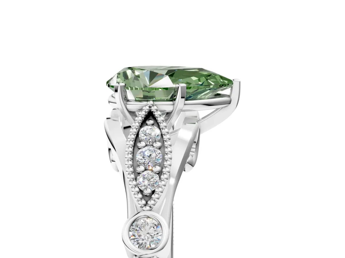 Fancy Green Pear Cut Cut Diamond with Milgrain Marquise and Bezel Accents on a Solitaire Band with Prong Setting Silver