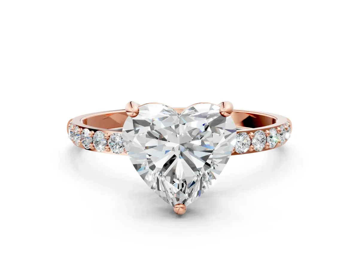 Heart Cut Diamond Solitaire Ring with Round Moissanite Pavé Band and Prong Setting Rose gold