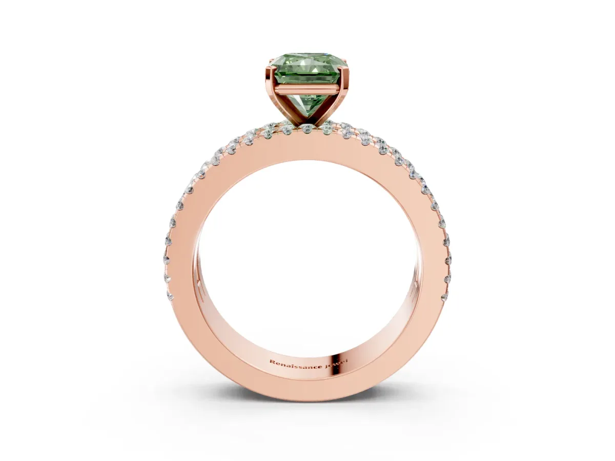Fancy Green Radiant Cut Diamond Solitaire Ring with Pavé and Channel Set Band Rose gold