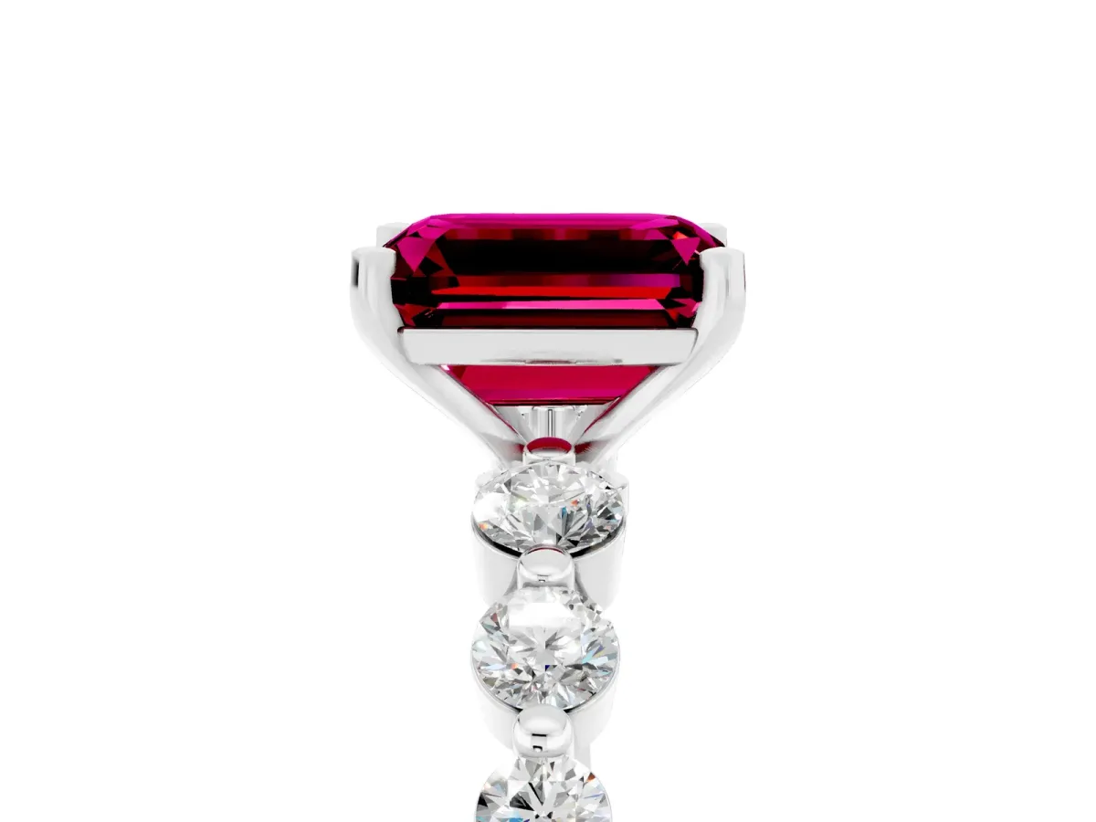 Emerald Cut Solitaire Garnet Ring with Pave Band and Four-Prong Setting Silver