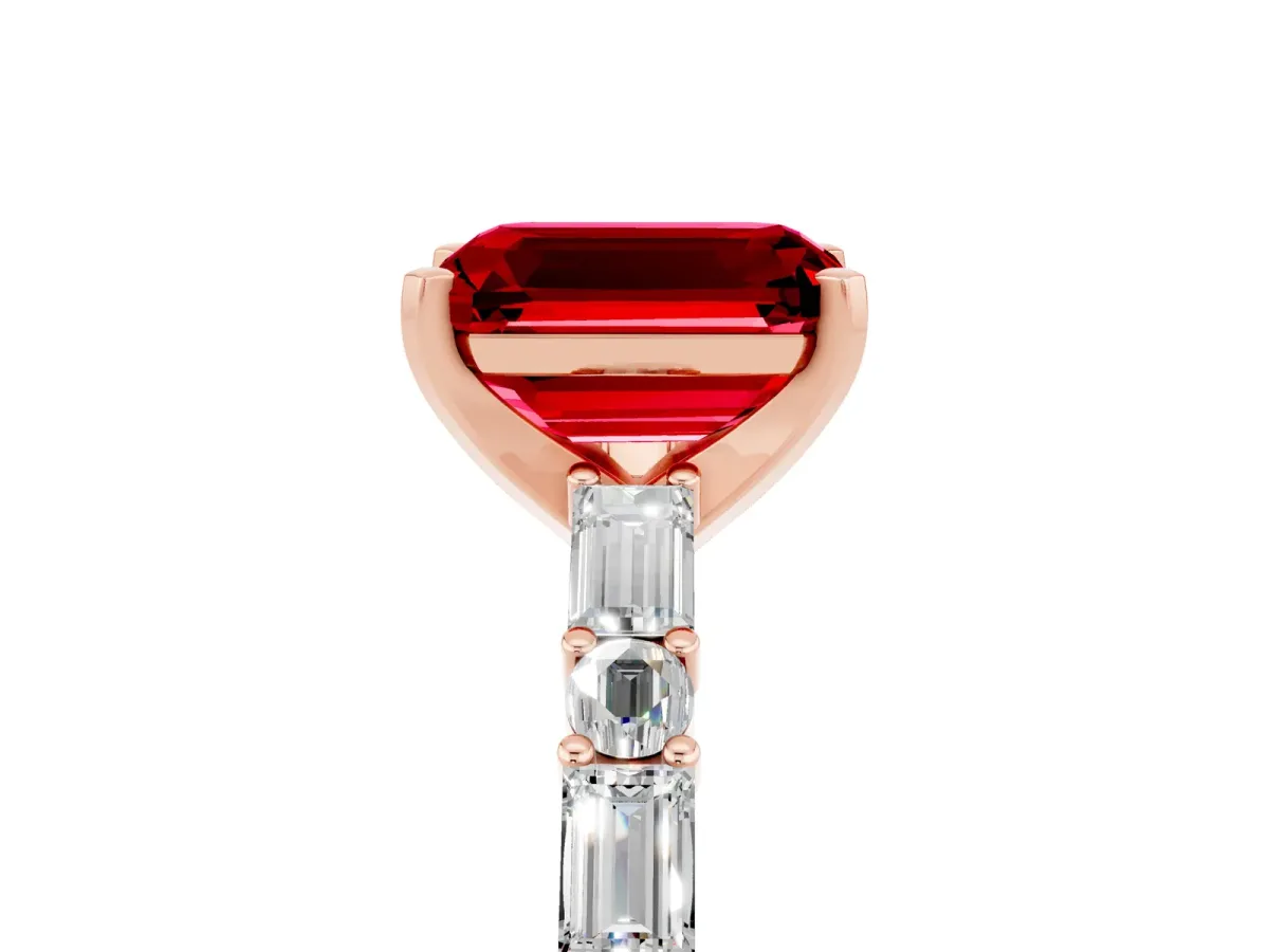 Emerald Cut Ruby Solitaire with Side Baguettes and Channel Set Band Rose gold