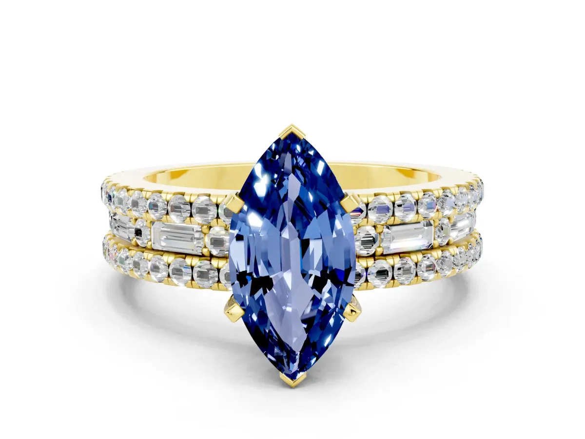 Marquise Cut Blue Sapphire Solitaire Ring with Pavé and Channel Set Band Yellow gold