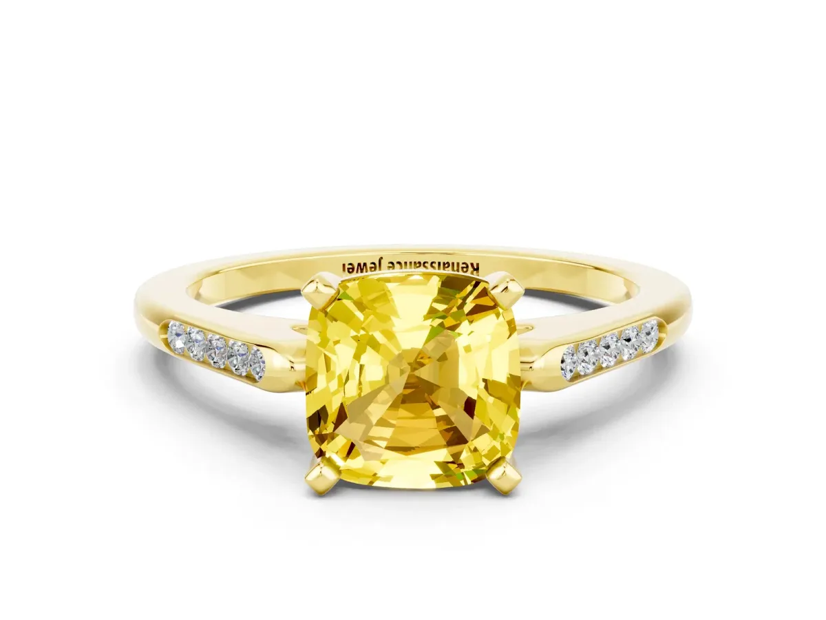 Cushion Cut Yellow Sapphire Solitaire Ring with Channel Set Round Band and Prong Setting Yellow gold