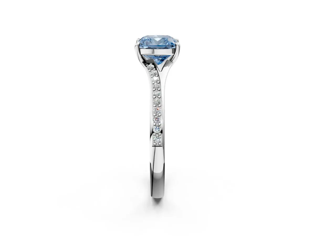 Fancy Blue Cushion Cut Diamond Solitaire Ring with Pavé Band and Prong Setting Silver