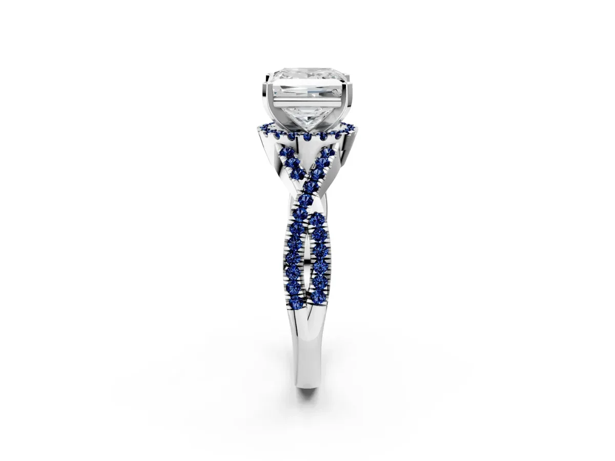 Princess Cut Diamond Blue Sapphire Halo Twist Band Solitaire Prong Setting Ring White gold