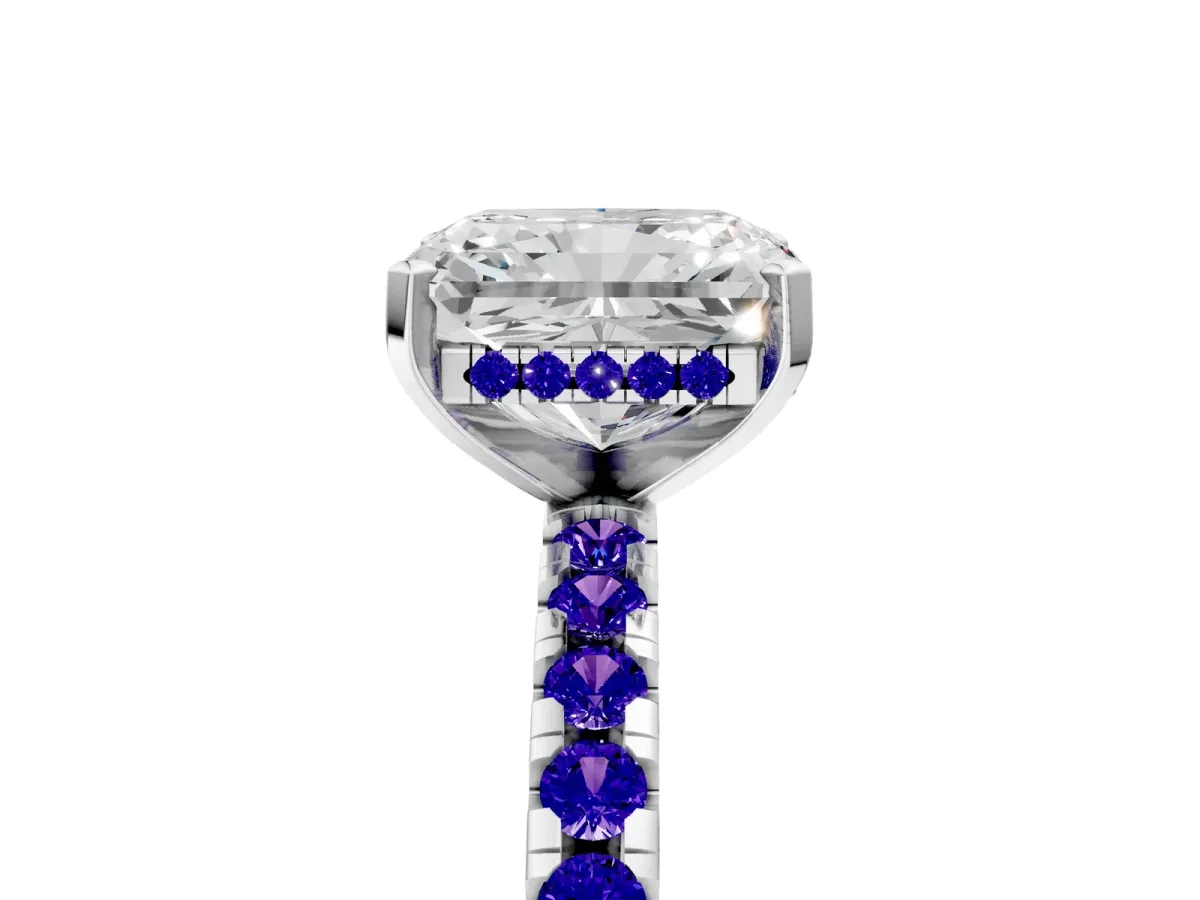 Radiant Cut Diamond Solitaire Ring with Round Tanzanite Pavé Band and Four-Prong Setting White gold