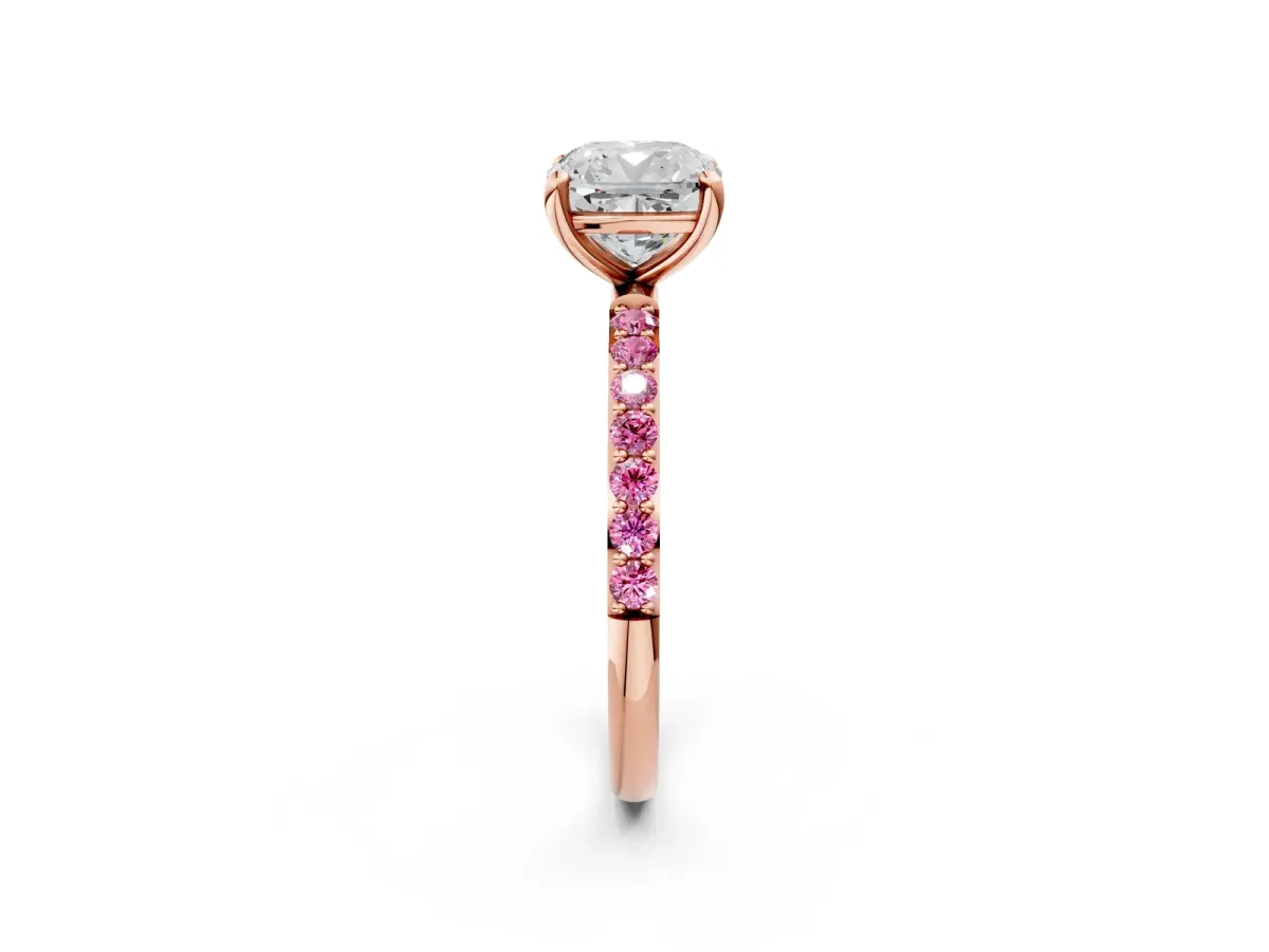 Cushion Cut Diamond Solitaire Ring with Round Pink Sapphire Pavé Band and Prong Setting Rose gold
