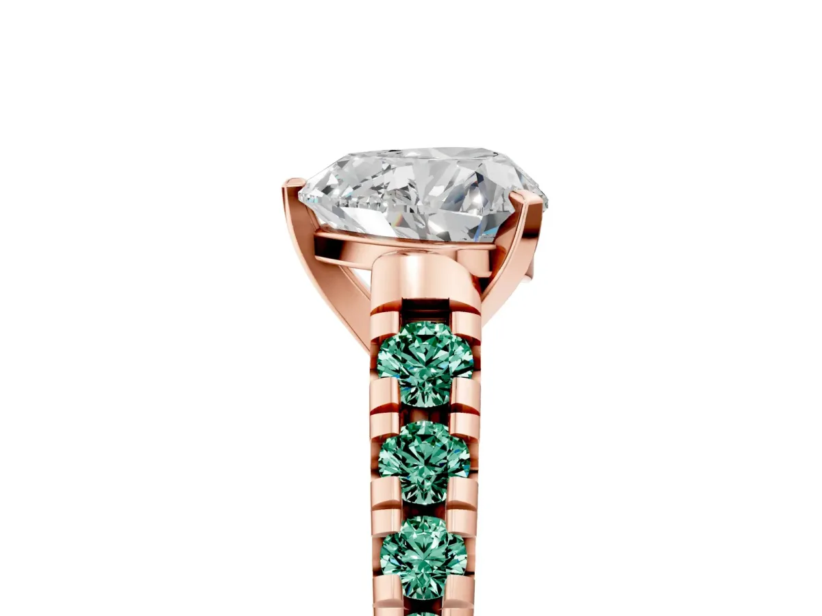 Heart Cut Diamond Cathedral Solitaire Ring with Round Green Sapphire Pavé Band Rose gold