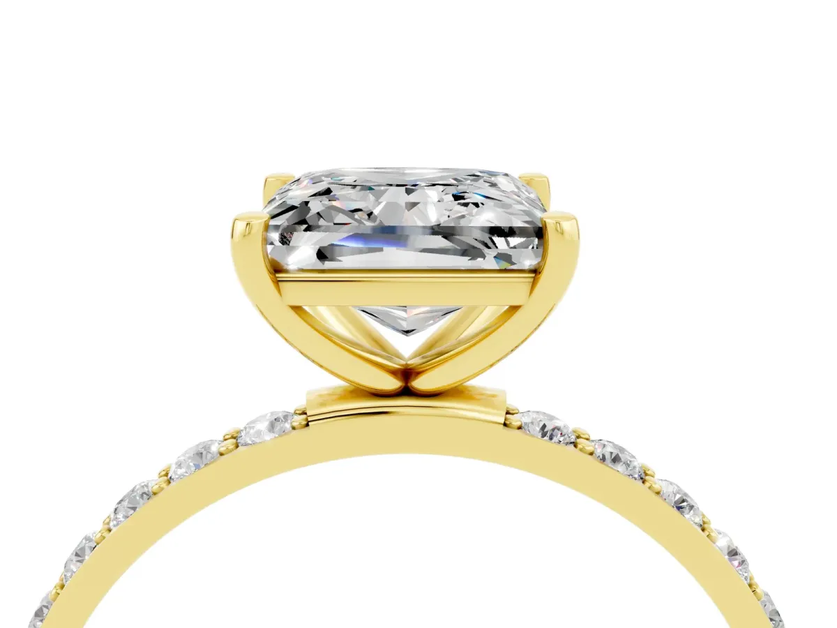 Princess Cut Moissanite Solitaire Ring with Round Pavé Band and Prong Setting Yellow gold