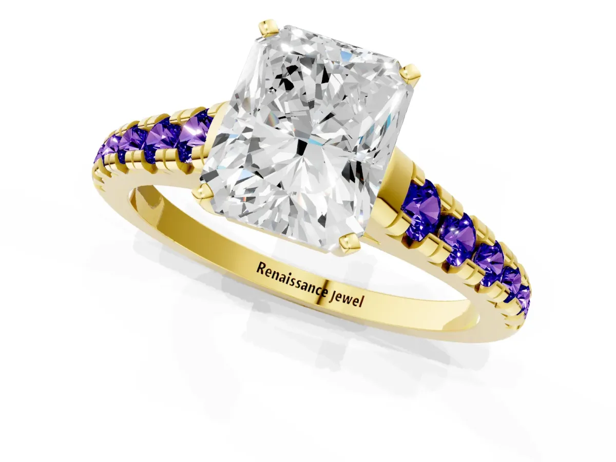 Radiant Cut Diamond Cathedral Solitaire Ring with Round Tanzanite Pavé Band Yellow gold